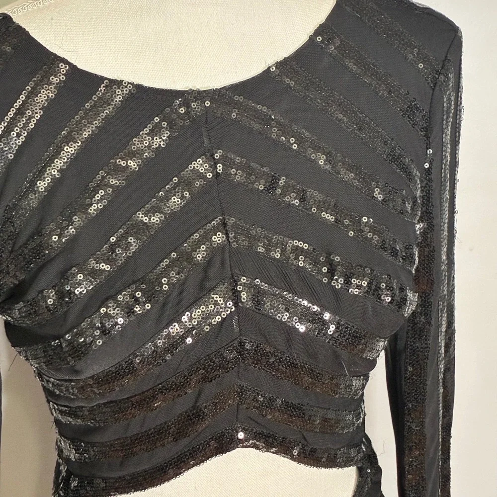 House of CB Sequin Mini Dress Womens XS Black Cutout Open Back Long Sleeve - Picture 5 of 15